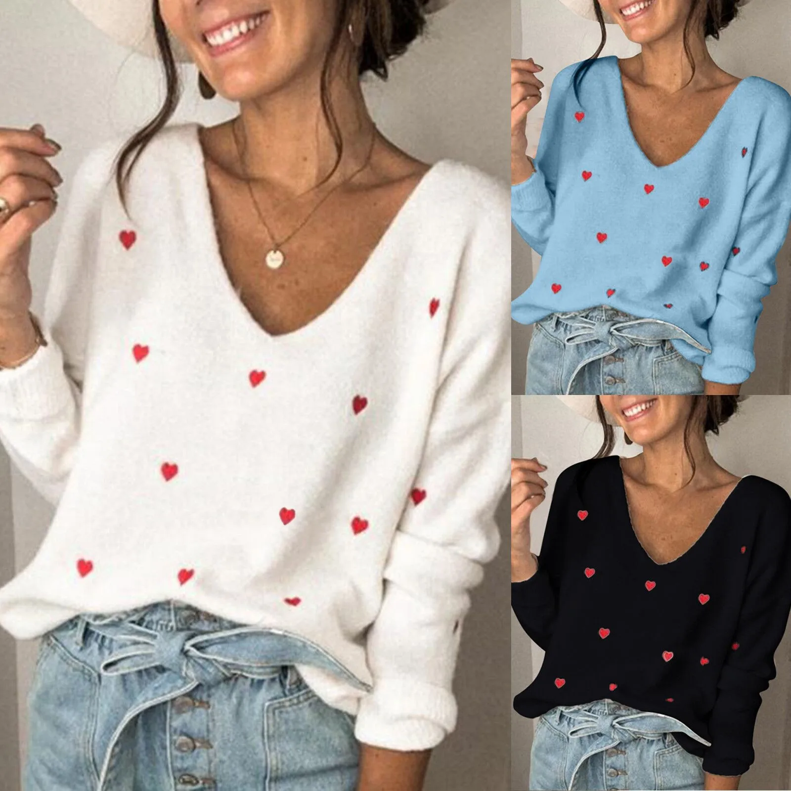 

Sweaters Women Valentine's Day Heart Printed Pullover Long Sleeve V-Neck Sweater Tops женские свиеѬа autumn daily Drop Shipping